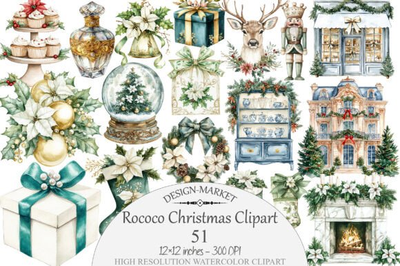 Download Watercolor Rococo Christmas Clipart - Rococo Collection