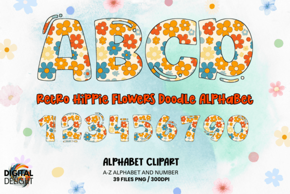 Download Retro Hippie Flowers Doodle Alphabets - Hippie flowers Collection